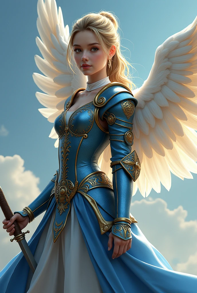 full body digital art, beautiful german girl Beautiful, sweet and fresh at 1.  Long hair tied up looks smart (4k clear face), fair skin in Dressed in costume a blue Ancient German female warrior armor  warrior  with bright gold trim, with large White Dove  wings, holding a weapon, elegant, flowing long dress, magically beautiful picture, UHD, 3d, 32k clear oil painting 