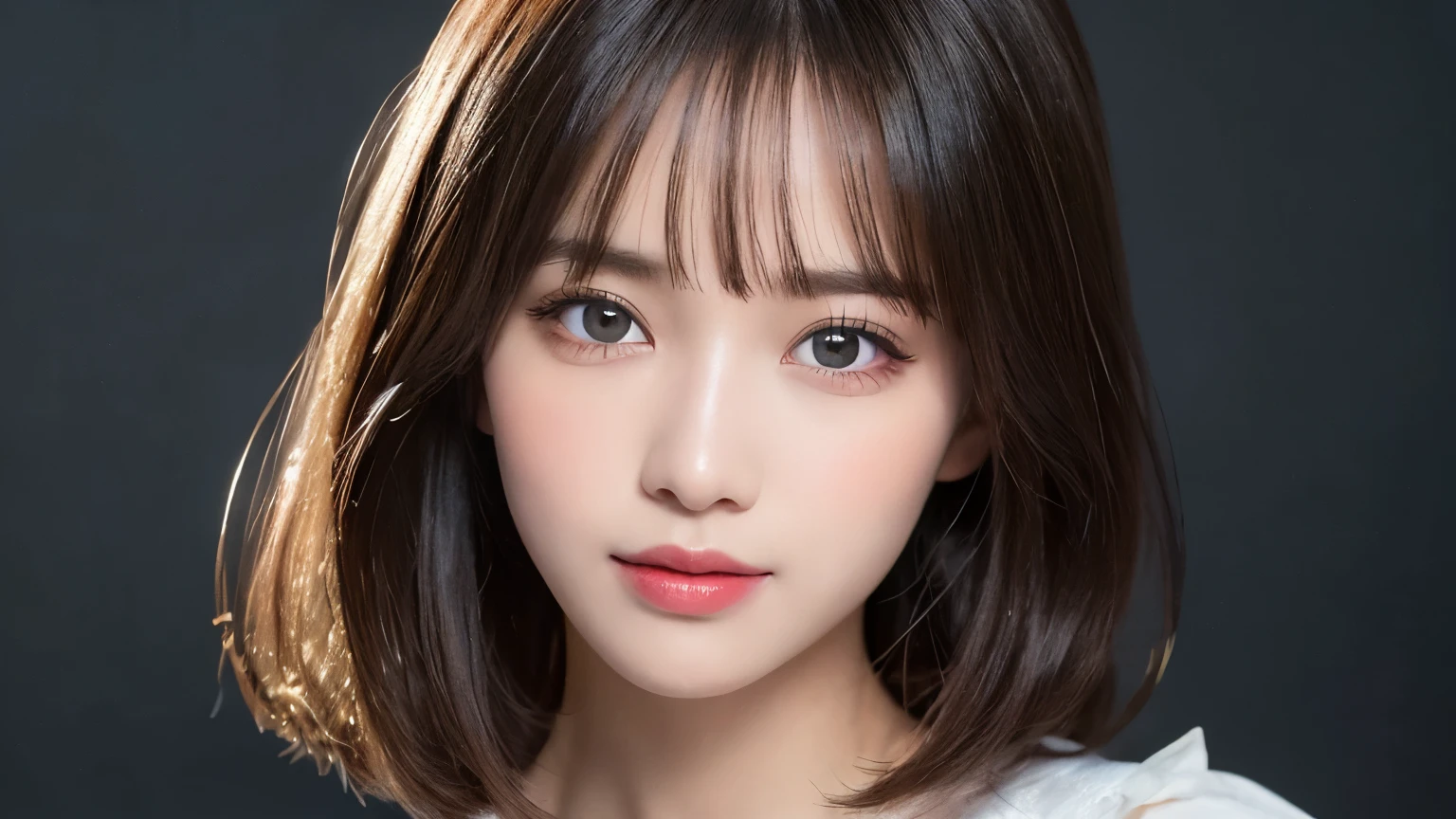 Silver Background, Full body portrait, Looks very happy, smile, One Girl, (Beautiful girl, Delicate girl:1.3), (20-year-old:1.3),  (Black Suit、White blouse), Very beautiful eyes, (Symmetrical eyes:1.3), C cup breasts, Brown eyes, Parted bangs, short hair, (Eye and facial details:1.0),  (masterpiece, Highest quality, Super detailed, Detailed face, 8k)