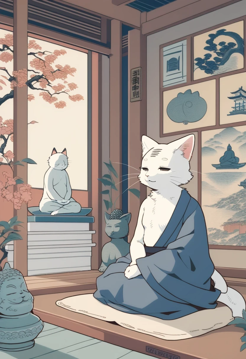 ((Masterpiece)), ((Best Quality)), (Very Detailed), ((Very Detailed)), 4K, (8K), very aesthetic, absurdres highres, 1 man, (anthropomorphic cat, furry, kemono:1.5), Buddha Cat, Zen Buddha meditating cat, stone statue, flat color, ukiyo-e style, retro art style,