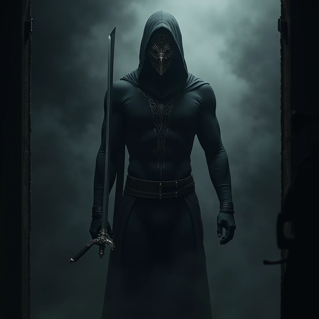 A masked warrior, holding an epée