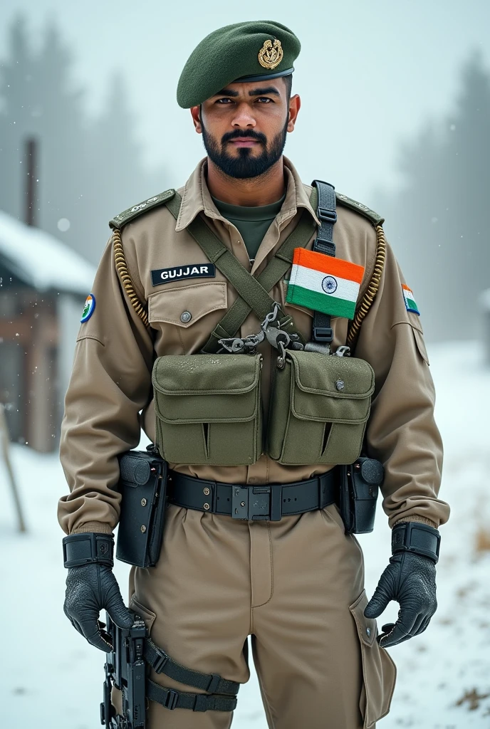 A boy whose name is Gujjar. This name should be visible inside the picture. That boy is muscular and he is not scared of anyone.. and he is standing in the cold where it is snowing wearing an indian army uniform .. GURJAR heading on his uniform with india flag colour .. Beige name gurjar 🙏