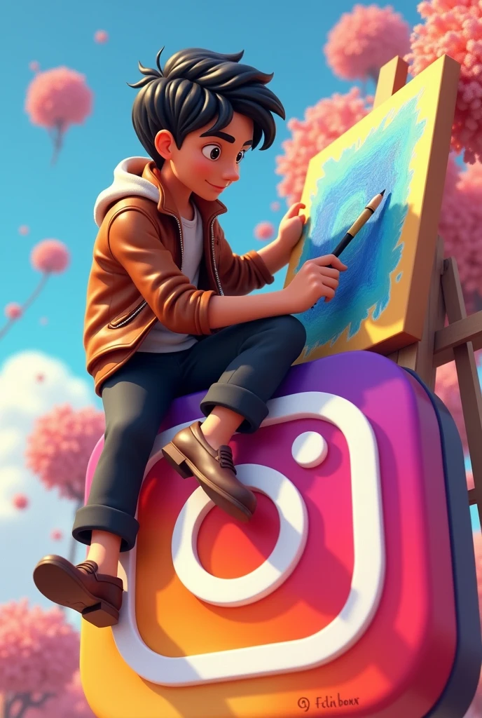 Create a 3D illustration of an animated mail Sketch Artist character sitting casually on top of a social media logo "Instagram" And creating a painting.increase the size of painting
The character must wear leather jacket and black formal pants . The background of the image is a social media profile page with a user name "Neeraj chourasiya" and a profile picture that match