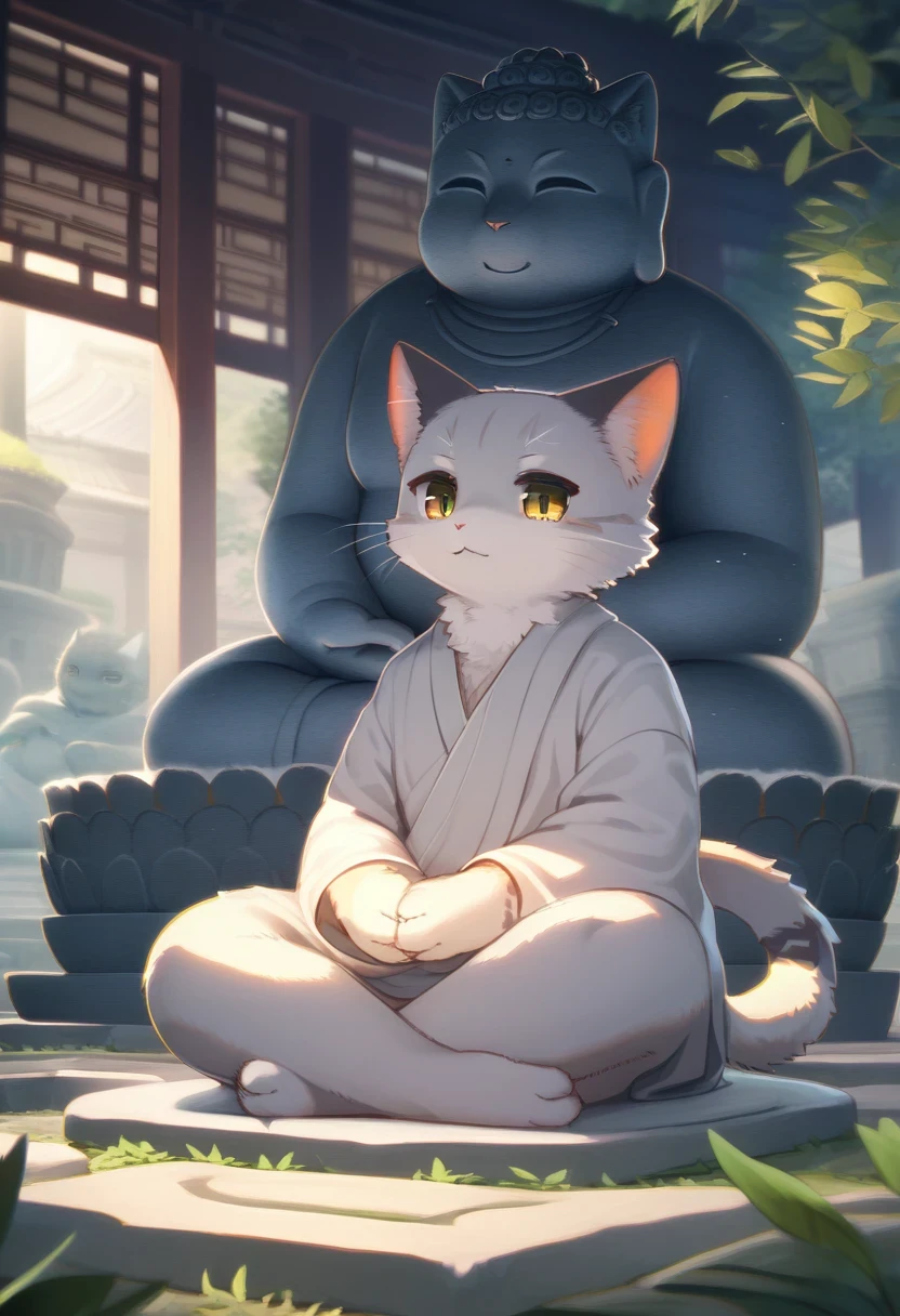 ((Masterpiece)), ((Best Quality)), (Very Detailed), ((Very Detailed)), 4K, (8K), very aesthetic, absurdres highres, 1 man, (anthropomorphic cat, furry, kemono:1.5), Buddha Cat, Zen Buddha meditating cat, stone statue,