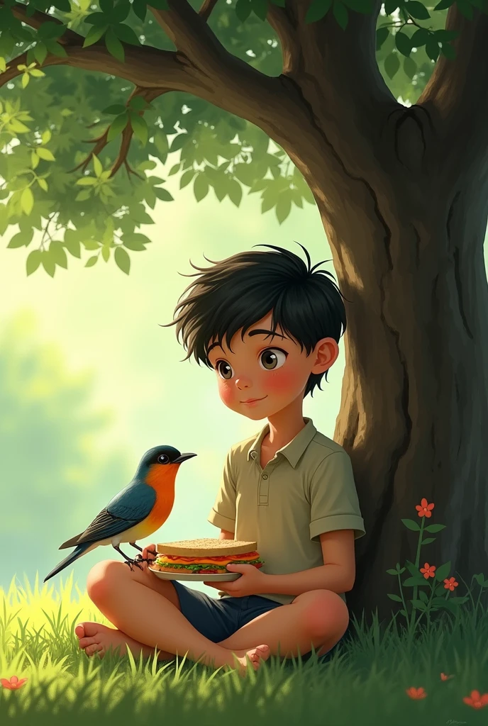 Suddenly a boy was sitting under a tree eating some food. Then suddenly a bird came and sat on his shoulder.