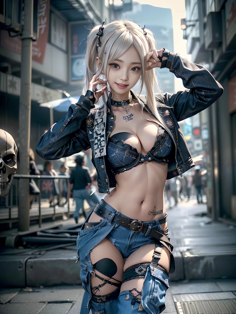 (Beautiful lips and nose:1.4)、(Long eyelashes:1.4)、(Smiling with teeth showing:1.3),(Shibuya Gal:1.5)、(Gothic intricately decorated dress:1.5)、(Tattered denim and black punk rock cargo pants:1.5)、(Denim and black navy skull mark small jacket:1.4)、(denim garter belt:1.5)、(Black and denim knee socks:1.3)、(Skull Silver Accessories:1.5)、(Denim collar:1.3)、(hair band:1.3)、(Brown Skin Belt:1.4)、(Brown boots:1.2)、(The underwear is striped:1.4)、3、((Highest quality、In 8K、masterpiece:1.3))、Sharp focus:1.2、(Layered Cut、Huge boobs:1.1),Beautiful woman with perfect figure:1.4、(Dancing vigorously:1.3)、Slender Abs:1.2、Highly detailed face and skin texture、Detailed eyes、double eyelid,(Twin tails:1.3)、(Cream colored hair:1.3)、Gravure idol、(The background is an outdoor dance stage with bright sunlight.:1.3)、(Slim Body:1.2),(Make your legs thinner:1.4),(clavicle:1.1)
