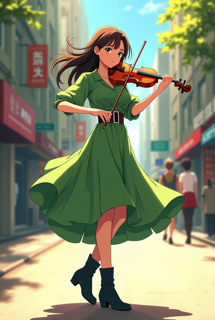Anime style A viola player in a green dress in the middle a belt is. With a warm smile she moves rhythmically to the beat. Clacking black bow heeled boots. On the street