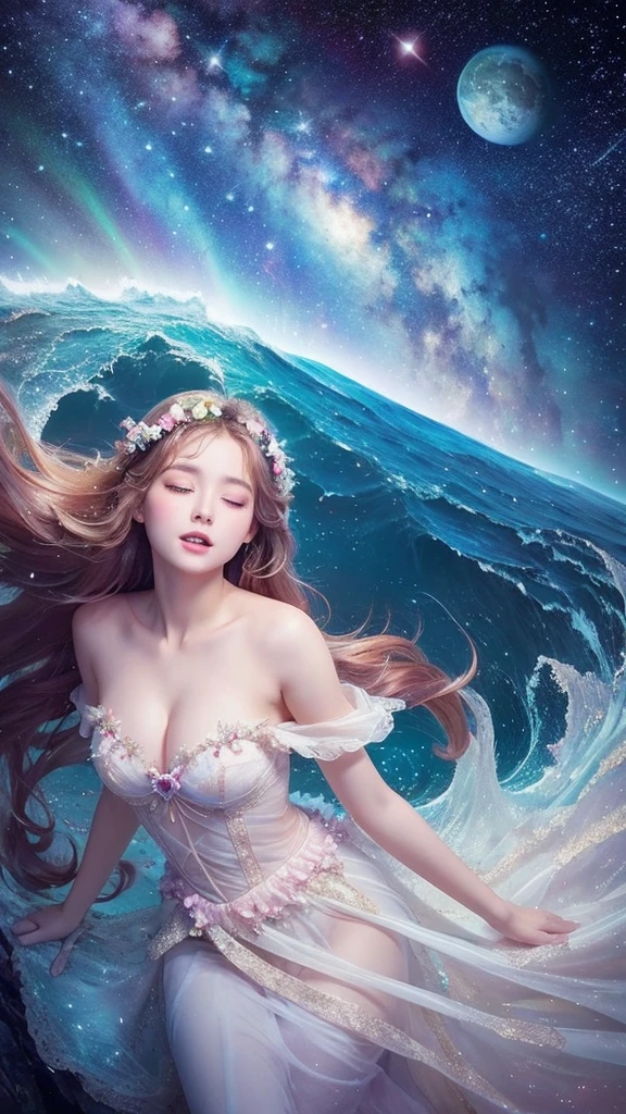 A young goddess swimming through space, Eyes full of joy and expectation, Eyes filled with happiness, Impressionismの絵画のようなタッチ, Western painting, oil, The mother nebula where stars are born, Shining Star, Waves of light connecting the past and the future, Mr.々Wavelength of light, Impressionism, Classicism, Gothic art is so magical and dreamy、Beautiful anime scene、The most beautiful scene、Great composition、In the white clouds of fairyland、White Anime Barbie　Lost in a dreamy fairylandscape、A paradise like a fairyland、beautifully、aesthetic、Upper Body　With pink stone