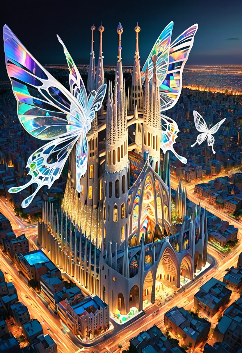 3D drawing art, fantasy world, everything is carved from pearl platinum crystal, buildings like Sagrada Familia, stained glass iridescent butterflies flying, cities, transparent, (ultra detailed, absolutely resolution, best quality:1.3), 2.5D, delicate and dynamic effects, iridescent lighting effects, artistic photography, hyper realistic