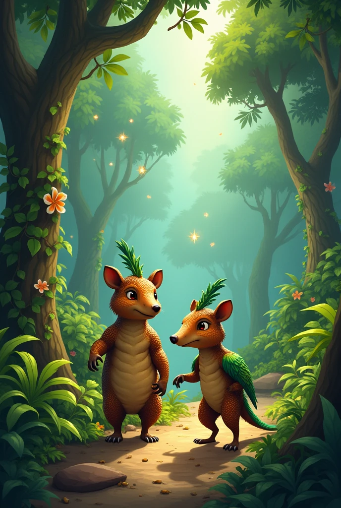 Create a book cover,where the protagonists are a brown armadillo and a green quetzal,who are walking along a path in a jungle, uses a semi-realistic style,Fantastic,cartoon