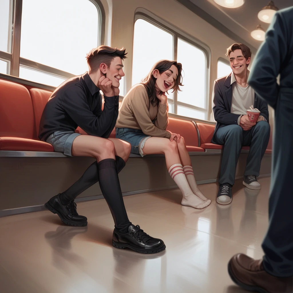 A gothic girl sitting in a cinema seat wearing thigh high socks putting her feet on a man crawling on the floor, she's using him as a footstool, in a cinema, people around are laughing mockingly, hyperrealism, 4k, photo, realistic