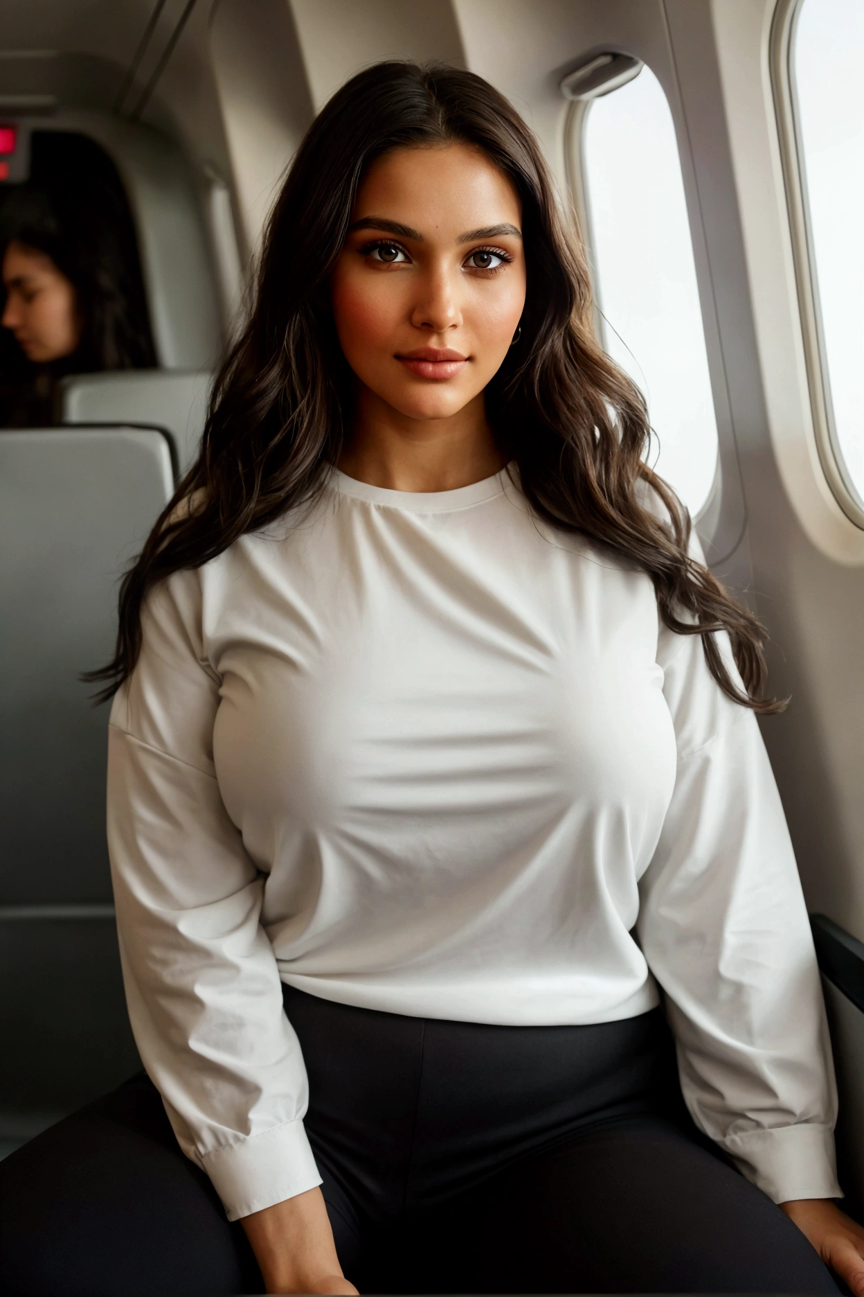 Beautiful woman, 2, with dark brown almond-shaped eyes and an oval face shape, in a black sport pants, and white oversize t-shirt, sitting in her place in the airplane , relaxed and graceful, full body view, in the airport, with a modest colors and latest technologies, with details visible in the background, , she has a plus size body, approximately M body size, with a height of 1.70 m, a bust size of S, a well-shaped bottom (36), and very realistic skin texture. Her naturally wavy hair frames her prominent cheekbones. The photo is in high resolution, masterpiece quality, with complex details, sharpness, and detailed skin and eye textures. Captured in 4k resolution with a Canon camera, featuring a serene expression, depth of field, Kodak Vision color, ultra-realistic photography, and post-processing to ensure maximum detail, true to life, resembling an Instagram model