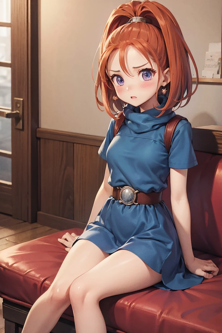 barbara/(DQ6)、Slim figure、Medium Hair、blush、Very worried face、Blue Dress、belt、White panties、Sitting
