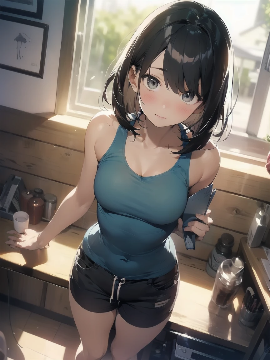 One girl, (alone:1.2), ((masterpiece)), (Shadow), [slim], (D cup breasts), ((Sharp focus)), Pale skin, ((Detailed eyes)), (Blurred Background), (Dynamic Angle), Brown Hair, Mouth closed, Stylish turquoise tank top, Shorts, Are standing, interior, sun、bright, Wavy Hair, View your viewers, Shy expression, cheek、cute、sexy