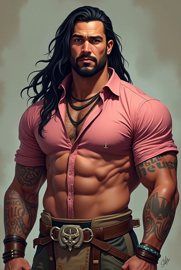 Muscular Native American Tribal Man with No Beard, with long hair and a plain pink button-down shirt. With tattoos and tribal accessories without beard