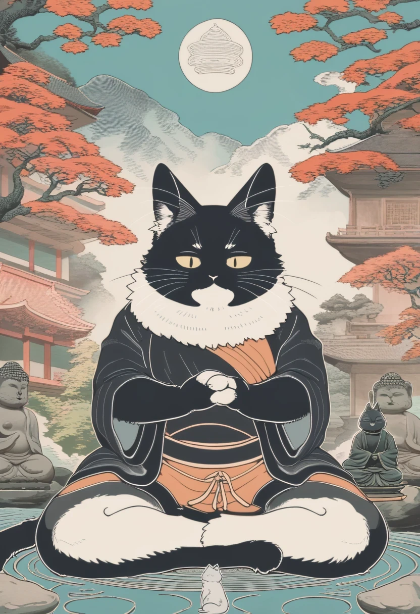 ((Masterpiece)), ((Best Quality)), (Very Detailed), ((Very Detailed)), 4K, (8K), very aesthetic, absurdres highres, 1 man, (anthropomorphic cat, furry, kemono:1.5), Buddha Cat, Zen Buddha meditating cat, stone statue, flat color, ukiyo-e style, retro art style,


