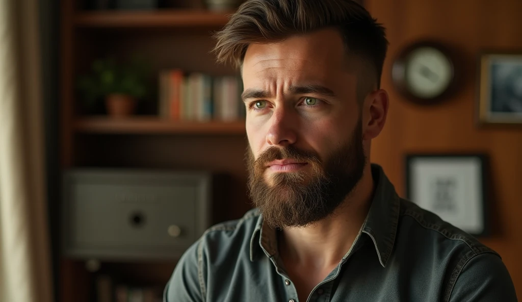 An ultra-realistic portrait of a man in his 40s with a youthful appearance. He has brown hair, a neatly trimmed beard and green eyes that reflect determination and curiosity. His face is well defined and his expression suggests concentration. He is wearing a dark blue casual shirt.
The man is in a home office, surrounded by bookshelves and family photos. He is standing sideways to the camera and facing a wall looking at a built-in safe and a board removed next to it. The environment should be visible, but blurred so as not to distract from the main subject.
The lighting should be soft and diffused, with a warm light coming from above, creating subtle shadows that accentuate the man's expression of concentration. The light should highlight the green eyes and the texture of the skin, emphasizing the seriousness of the situation.
The image should convey a sense of determination and curiosity, with a touch of mystery. Suggest a warm color palette, such as browns and golds, that complements the warm atmosphere of the office.
The photo should be of high quality, with 8k rendering and extreme detail, maintaining the desired atmosphere and capturing the emotional essence of the moment.
