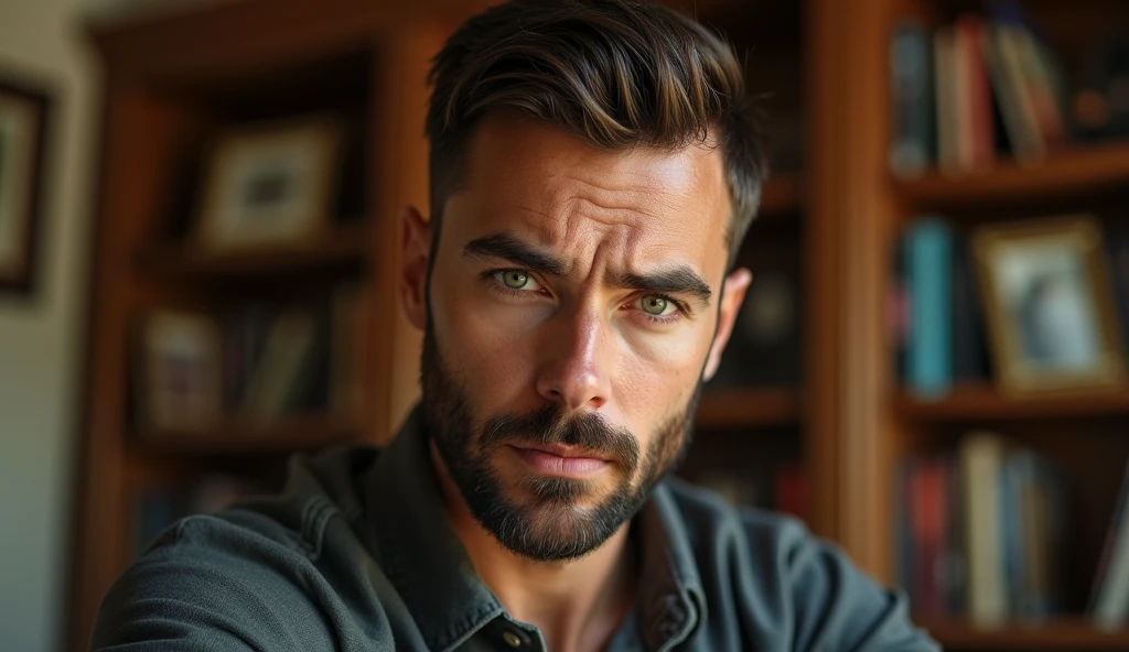 An ultra-realistic portrait of a man in his 40s with a youthful appearance. He has brown hair, a neatly trimmed beard and green eyes that reflect determination and curiosity. His face is well defined and his expression suggests concentration. He is wearing a dark blue casual shirt.
The man is in a home office, surrounded by bookshelves and family photos. He is standing sideways to the camera and facing a wall looking at a built-in safe and a board removed next to it. The environment should be visible, but blurred so as not to distract from the main subject.
The lighting should be soft and diffused, with a warm light coming from above, creating subtle shadows that accentuate the man's expression of concentration. The light should highlight the green eyes and the texture of the skin, emphasizing the seriousness of the situation.
The image should convey a sense of determination and curiosity, with a touch of mystery. Suggest a warm color palette, such as browns and golds, that complements the warm atmosphere of the office.
The photo should be of high quality, with 8k rendering and extreme detail, maintaining the desired atmosphere and capturing the emotional essence of the moment.