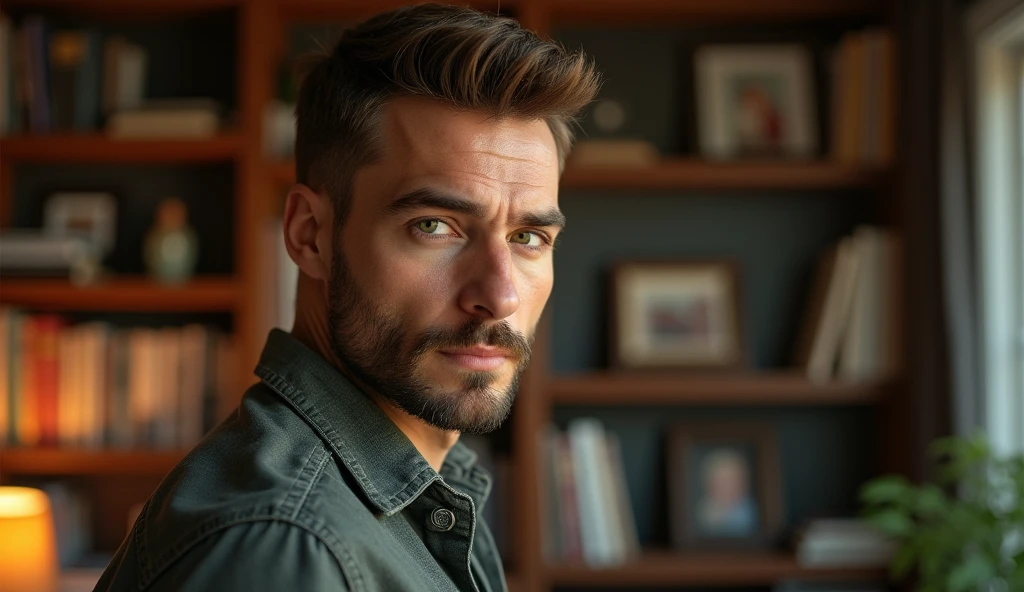 An ultra-realistic portrait of a man in his 40s with a youthful appearance. He has brown hair, a neatly trimmed beard and green eyes that reflect determination and curiosity. His face is well defined and his expression suggests concentration. He is wearing a dark blue casual shirt.
The man is in a home office, surrounded by bookshelves and family photos. He is standing sideways to the camera and facing a wall looking at a built-in safe and a board removed next to it. The environment should be visible, but blurred so as not to distract from the main subject.
The lighting should be soft and diffused, with a warm light coming from above, creating subtle shadows that accentuate the man's expression of concentration. The light should highlight the green eyes and the texture of the skin, emphasizing the seriousness of the situation.
The image should convey a sense of determination and curiosity, with a touch of mystery. Suggest a warm color palette, such as browns and golds, that complements the warm atmosphere of the office.
The photo should be of high quality, with 8k rendering and extreme detail, maintaining the desired atmosphere and capturing the emotional essence of the moment.