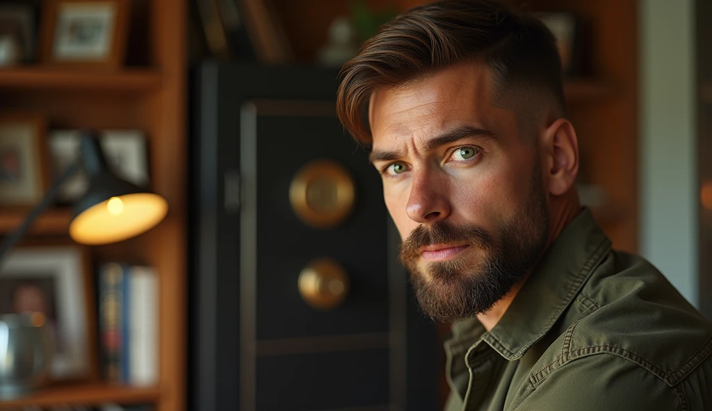 An ultra-realistic portrait of a man in his 40s with a youthful appearance. He has brown hair, a neatly trimmed beard and green eyes that reflect determination and curiosity. His face is well defined and his expression suggests concentration. He is wearing a dark blue casual shirt.

The man is in a home office, surrounded by bookshelves and family photos. He is standing sideways to the camera and facing a wall looking at a built-in safe and a board removed next to it. The environment should be visible, but blurred so as not to distract from the main subject.

The lighting should be soft and diffused, with a warm light coming from above, creating subtle shadows that accentuate the man's expression of concentration. The light should highlight the green eyes and the texture of the skin, emphasizing the seriousness of the situation.

The image should convey a sense of determination and curiosity, with a touch of mystery. Suggest a warm color palette, such as browns and golds, that complements the warm atmosphere of the office.

The photo should be of high quality, with 8k rendering and extreme detail, maintaining the desired atmosphere and capturing the emotional essence of the moment.