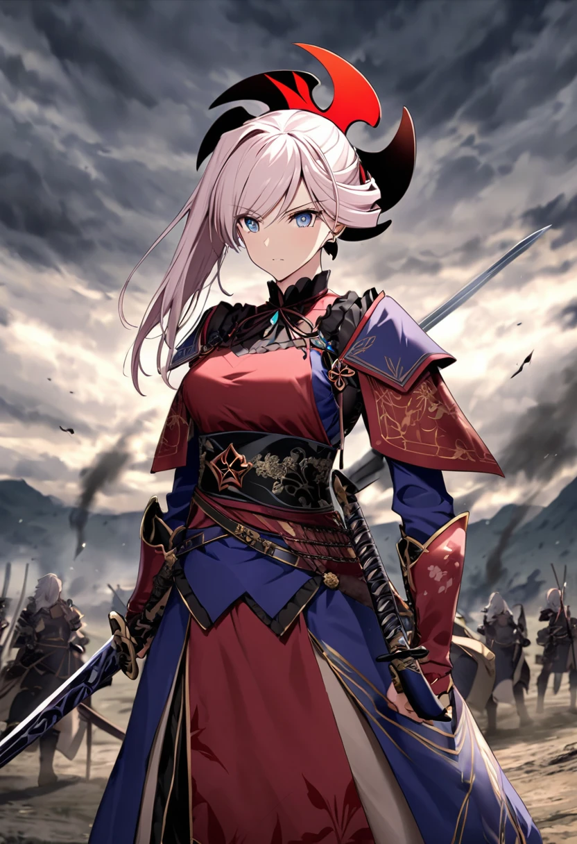 宮本武蔵がTwo-Wayを披露しているシーン。He has a sword in each hand、Hall々He is looking straight ahead with a confident attitude.。The battlefield spreads in the background.、The scene of warriors fighting under a gloomy sky is depicted in a vague manner.。Miyamoto Musashi&#39;s concentrated expression and powerful posture、The new fighting style he invented『Two-Way』It emphasizes the innovativeness of。