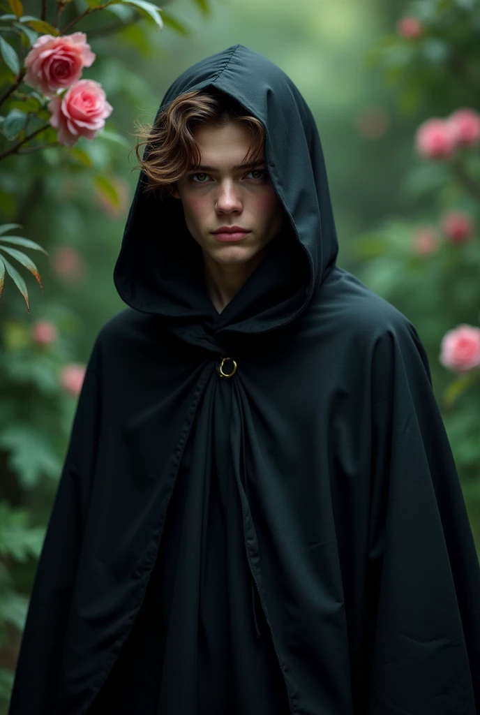 a fifteen year old young eurasian with short wavy brown hair in a black cloak the cape over his head and make his eyes cold but face pretty and standing in a garden