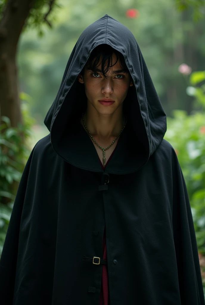a fifteen year old young eurasian with short wavy brown hair in a black cloak the cape over his head and make his eyes cold but face pretty and standing in a garden