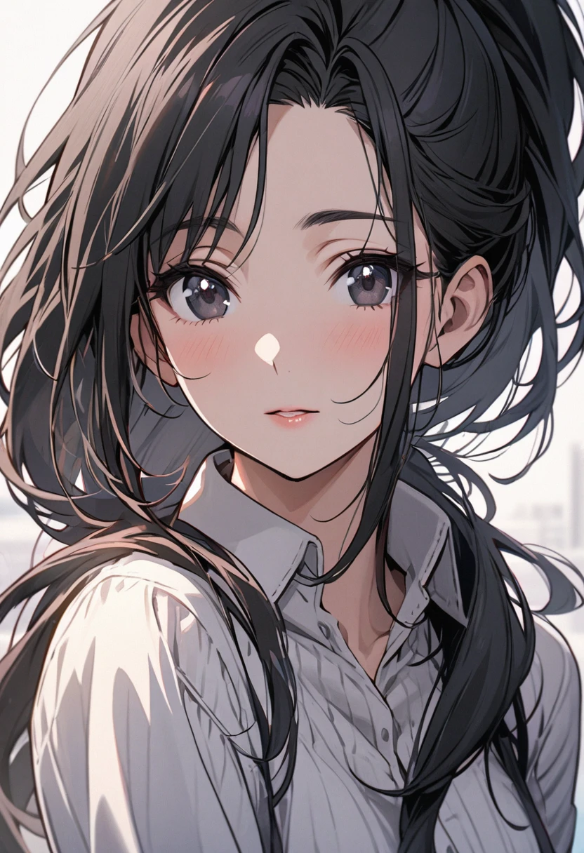 girl, mature, black eyes, black hair, long hair, beautiful eyes, beautiful color, high detail, cute, ponytail, front face