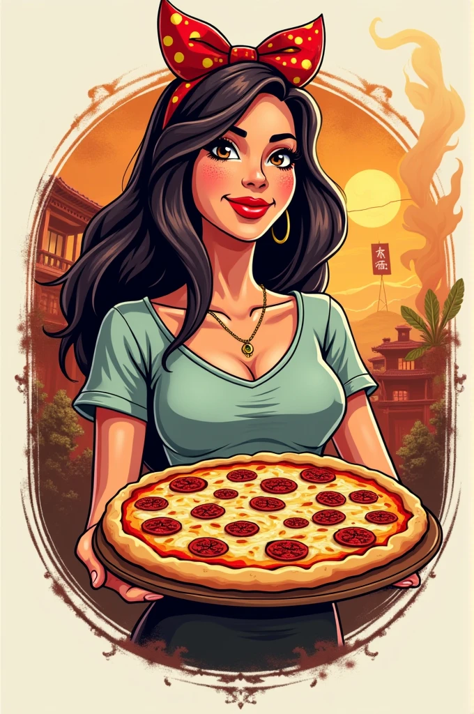 creat a logo combining shawarma and milktea insert a lady holding a whole pizza.