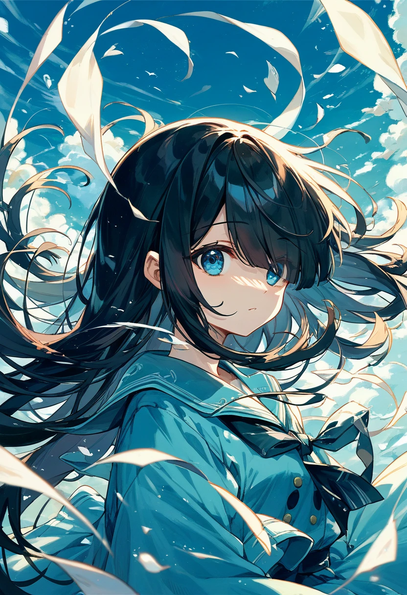 eyes visible through hair / bangs,(hair over one eyes),Long Black Hair、(Beautiful Blue Eyes),Cute Girls、Hair blowing in the wind