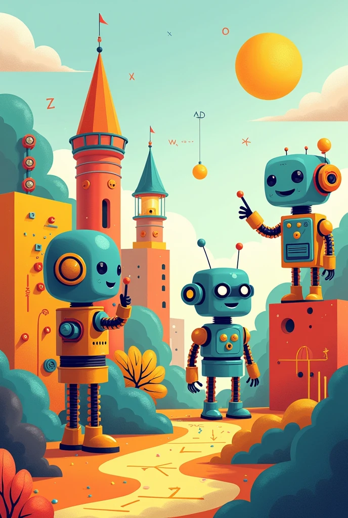 Generate an image that is only drawings for children that involves mathematics, geometry, robotics and physics