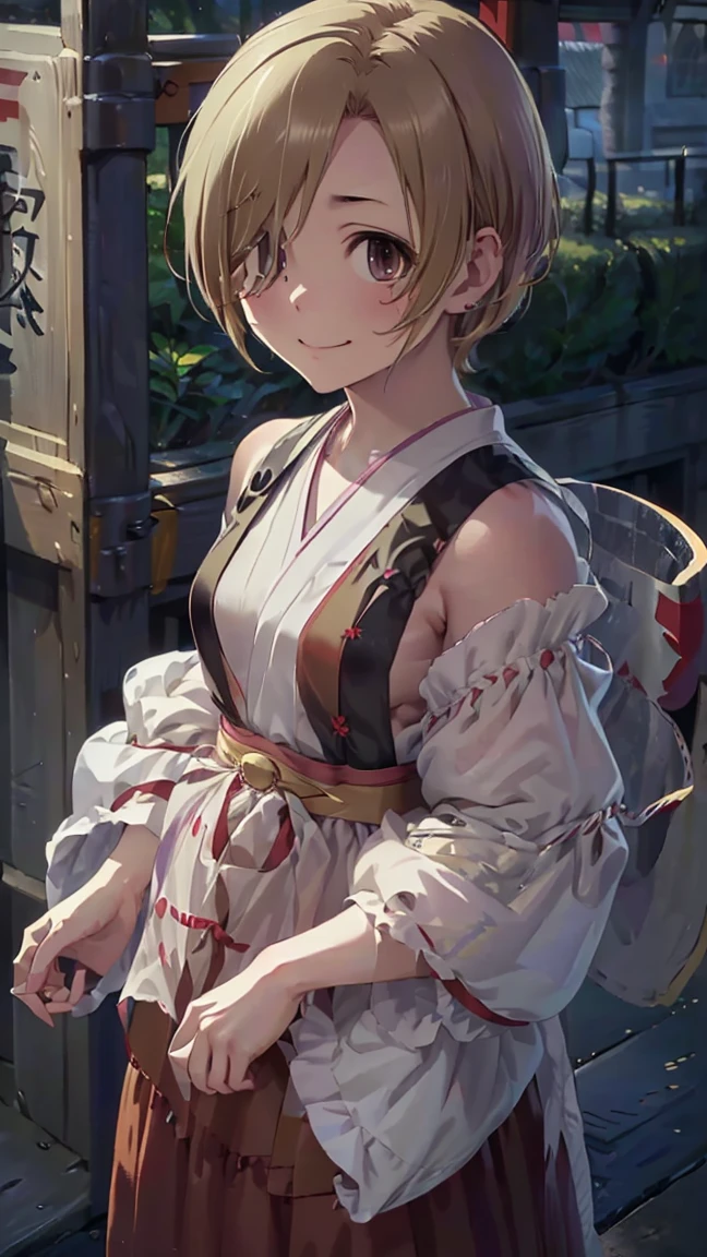 masterpiece, Highest quality, High resolution, Very detailed,(((Koume Shirasaka))), (((smile)))、(((Standing in the distance))), (((torii))), (((Wearing a shrine maiden outfit。))), (((crowd))), (((One girl))), (((solo))), (((Blonde))), (((Brown Hair))), (((short hair))), (((Hair covering one eye))),