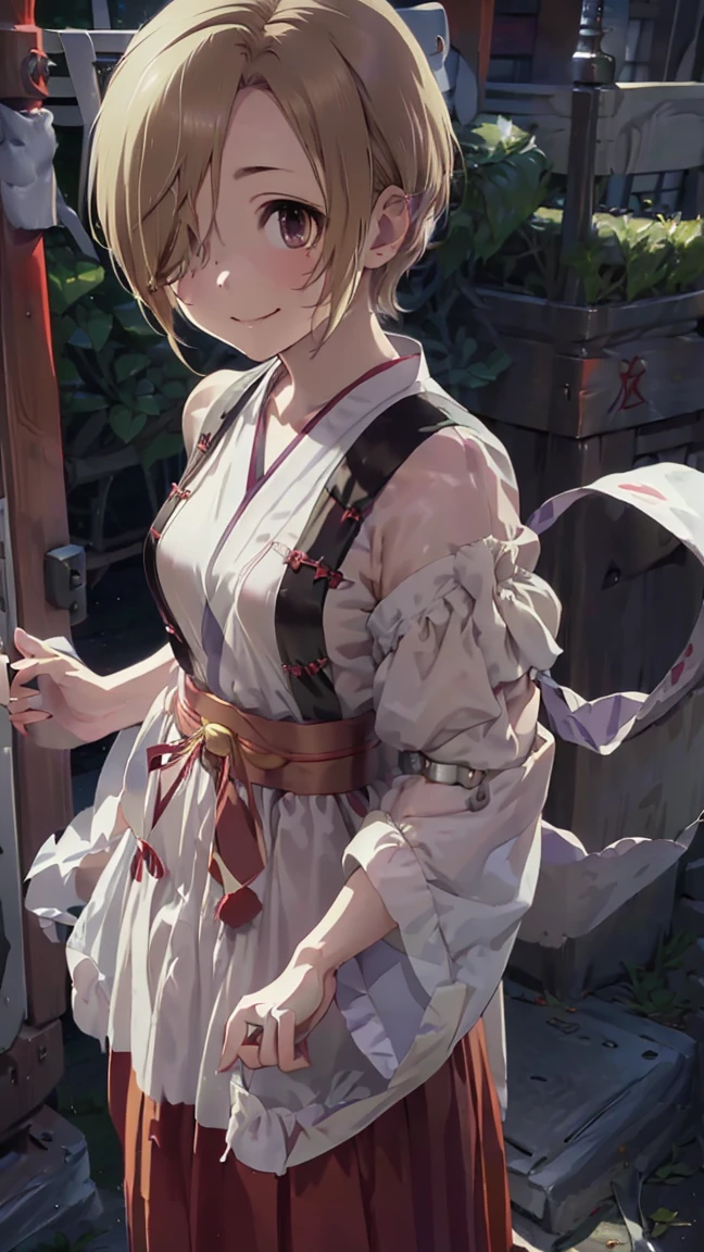 masterpiece, Highest quality, High resolution, Very detailed,(((Koume Shirasaka))), (((smile)))、(((Standing in the distance))), (((torii))), (((Wearing a shrine maiden outfit。))), (((crowd))), (((One girl))), (((solo))), (((Blonde))), (((Brown Hair))), (((short hair))), (((Hair covering one eye))), 