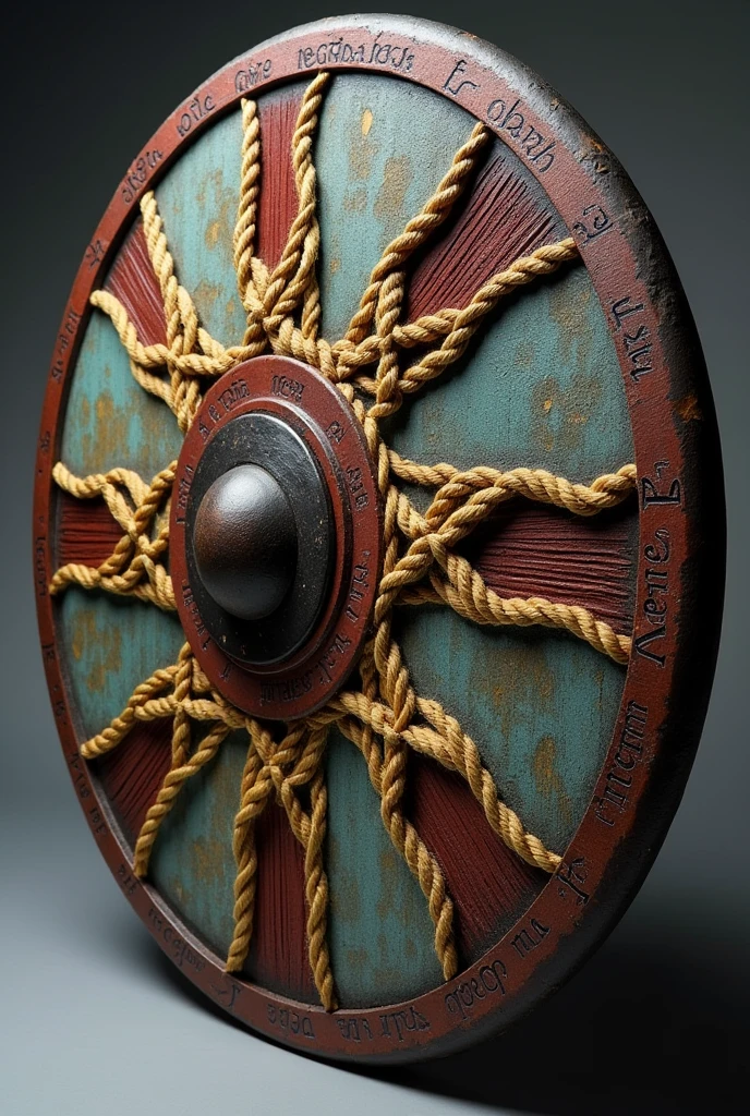 shield, circularly shaped, which is described as a rope of old wool threads and a rope of glass threads intertwined at the vertex and open at the top, highlighting in the middle of them a steel burgundy ring and on the edge, a distributed inscription that says "the fans on board"
