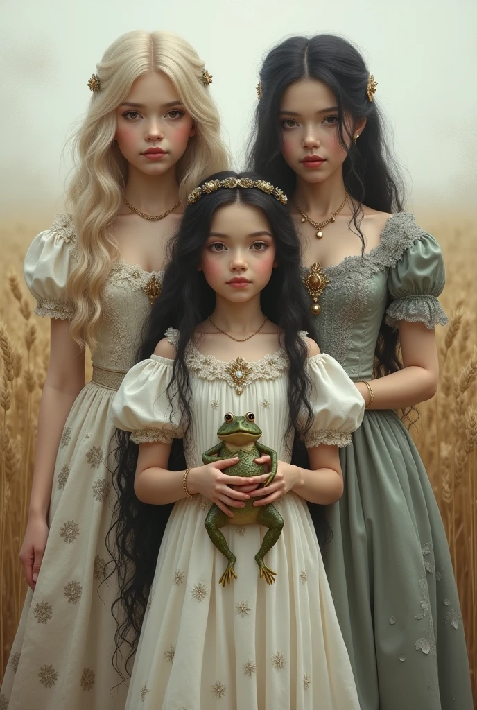 Create an image of a white princess with blonde hair and a frog, a black haired queen and her white princess friend with black hair. Have everyone looking forward and the blonde princess holding the frog. I just want these three people in the picture and the blonde princess in the rye