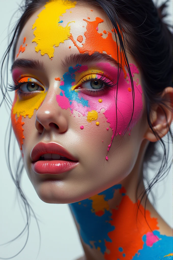 A stylized female image with vibrant and vivid acrylic makeup, luxury, adorned with splashes of bright acrylic paint that contrast with a monochromatic background. The representation is hyper-realistic, mixing elements of photorealism with a futuristic aesthetic, Full HD."