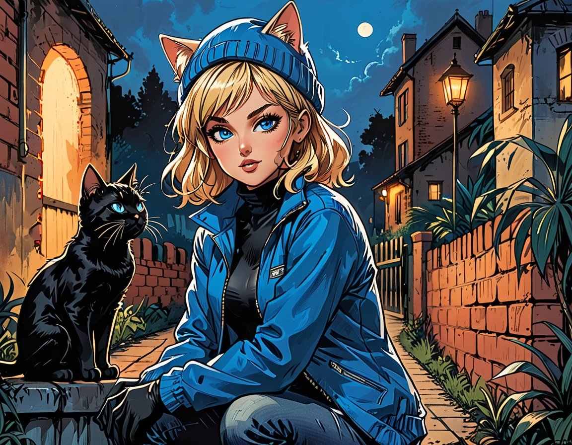 (((night))), dark, black cat, looks away, (((look at each other))), glowing eyes, black cat with open mouth, ((high brick fence)), bottom view, ((tropics)),(palm), fullbody ((profile)) ((girl in Blue zipped up down winter jacket and black turtleneck )) and (((jeans))) and blue gloves and (((blue winter hat)))) ((sitting on knee and petting a black cat on the head)) on the road with brick fence, adult, [Nordic], Hourglass elongated fitness body, perfect Olive skin, Oval Face, Long neck, Rounded shoulders, perfect hand, Attached Pointed ears, round forehead, (Short blonde Waves pixie hair), snub nose, Arched eyebrows, ((Monolid blue Eyes)), High Round Narrow cheekbones, Dimpled Cheeks, Rounded Chin, Rounded Jawline, Full nude Lips, (blue eyes), Nude Makeup Look, long eyelashes, long slim fitness legs, graphic style of novel comics, perfect hands, 2d, 8k, hyperrealism, masterpiece, high resolution, best quality, ultra-detailed, super realistic, Hyperrealistic art, high-quality, ultra high res, highest detailed, lot of details, Extremely high-resolution details, incredibly lifelike, colourful, soft cinematic light, (looks away),