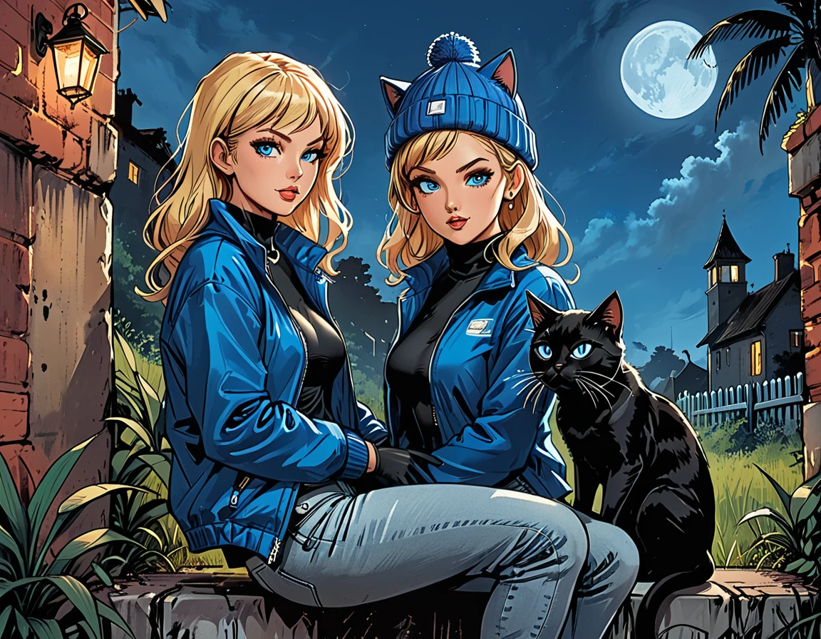 (((night))), dark, black cat, looks away, (((look at each other))), glowing eyes, black cat with open mouth, ((high brick fence)), bottom view, ((tropics)),(palm), fullbody ((profile)) ((girl in Blue zipped up down winter jacket and black turtleneck )) and (((jeans))) and blue gloves and (((blue winter hat)))) ((sitting on knee and petting a black cat on the head)) on the road with brick fence, adult, [Nordic], Hourglass elongated fitness body, perfect Olive skin, Oval Face, Long neck, Rounded shoulders, perfect hand, Attached Pointed ears, round forehead, (Short blonde Waves pixie hair), snub nose, Arched eyebrows, ((Monolid blue Eyes)), High Round Narrow cheekbones, Dimpled Cheeks, Rounded Chin, Rounded Jawline, Full nude Lips, (blue eyes), Nude Makeup Look, long eyelashes, long slim fitness legs, graphic style of novel comics, perfect hands, 2d, 8k, hyperrealism, masterpiece, high resolution, best quality, ultra-detailed, super realistic, Hyperrealistic art, high-quality, ultra high res, highest detailed, lot of details, Extremely high-resolution details, incredibly lifelike, colourful, soft cinematic light, (looks away),