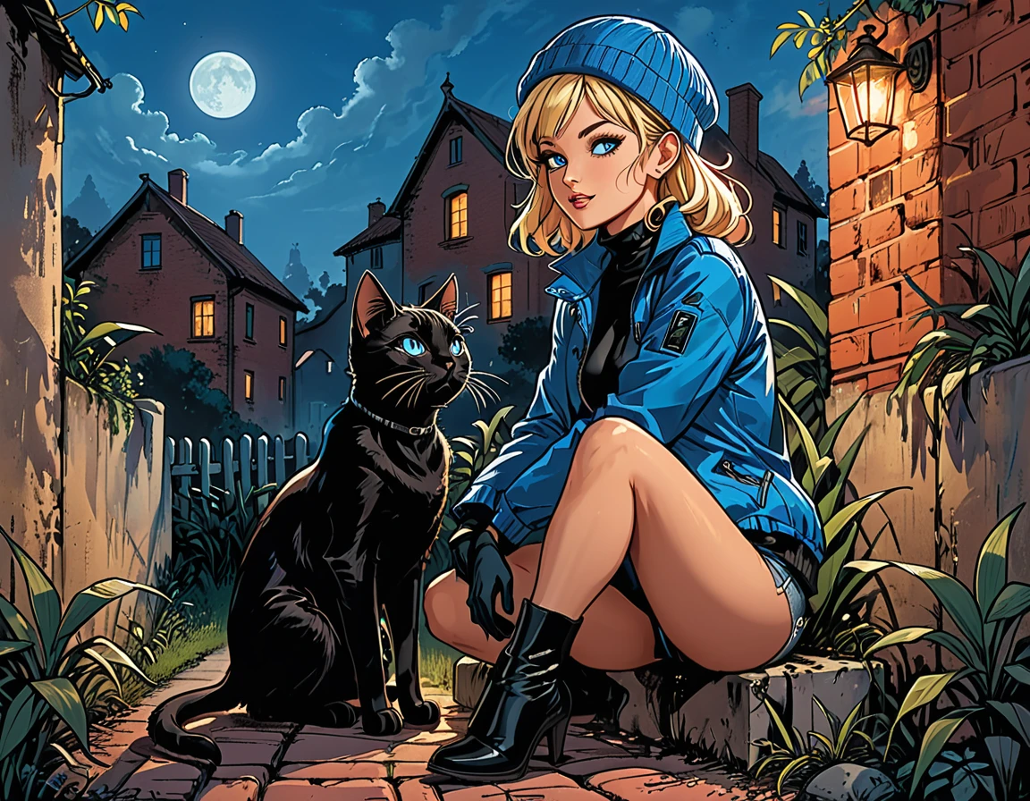 (((night))), dark, black cat, looks away, (((look at each other))), glowing eyes, black cat with open mouth, ((high brick fence)), bottom view, ((tropics)),(palm), fullbody ((profile)) ((girl in Blue zipped up down winter jacket and black turtleneck )) and (((jeans))) and blue gloves and (((blue winter hat)))) ((sitting on knee and petting a black cat on the head)) on the road with brick fence, adult, [Nordic], Hourglass elongated fitness body, perfect Olive skin, Oval Face, Long neck, Rounded shoulders, perfect hand, Attached Pointed ears, round forehead, (Short blonde Waves pixie hair), snub nose, Arched eyebrows, ((Monolid blue Eyes)), High Round Narrow cheekbones, Dimpled Cheeks, Rounded Chin, Rounded Jawline, Full nude Lips, (blue eyes), Nude Makeup Look, long eyelashes, long slim fitness legs, graphic style of novel comics, perfect hands, 2d, 8k, hyperrealism, masterpiece, high resolution, best quality, ultra-detailed, super realistic, Hyperrealistic art, high-quality, ultra high res, highest detailed, lot of details, Extremely high-resolution details, incredibly lifelike, colourful, soft cinematic light, (looks away),