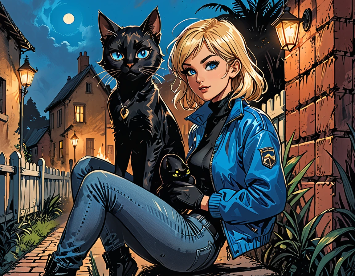 (((night))), dark, black cat, looks away, (((look at each other))), glowing eyes, black cat with open mouth, ((high brick fence)), bottom view, ((tropics)),(palm), fullbody ((profile)) ((girl in Blue zipped up down winter jacket and black turtleneck )) and (((jeans))) and blue gloves and (((blue winter hat)))) ((sitting on knee and petting a black cat on the head)) on the road with brick fence, adult, [Nordic], Hourglass elongated fitness body, perfect Olive skin, Oval Face, Long neck, Rounded shoulders, perfect hand, Attached Pointed ears, round forehead, (Short blonde Waves pixie hair), snub nose, Arched eyebrows, ((Monolid blue Eyes)), High Round Narrow cheekbones, Dimpled Cheeks, Rounded Chin, Rounded Jawline, Full nude Lips, (blue eyes), Nude Makeup Look, long eyelashes, long slim fitness legs, graphic style of novel comics, perfect hands, 2d, 8k, hyperrealism, masterpiece, high resolution, best quality, ultra-detailed, super realistic, Hyperrealistic art, high-quality, ultra high res, highest detailed, lot of details, Extremely high-resolution details, incredibly lifelike, colourful, soft cinematic light, (looks away),