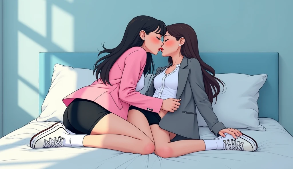 Two girls, long black hairs, yuri, lesbian
(The first girl wear a pink suit jacket, white shirt, black pencil skirt, black underpants, black tights, white socks, white sneakers high top)
(The second girl wore a grey suit jacket, white shirt, black pencil skirt, black underpants, black tights, white socks, white sneakers high top)
french kiss, lesbian kiss, hugging kiss, sensual body, straddle on the bed, insert one hand and touch the black underpants, insert finger into pussy, closed eyes, lying on the bed, light blue bedroom, novel cartoon, 4K, HD