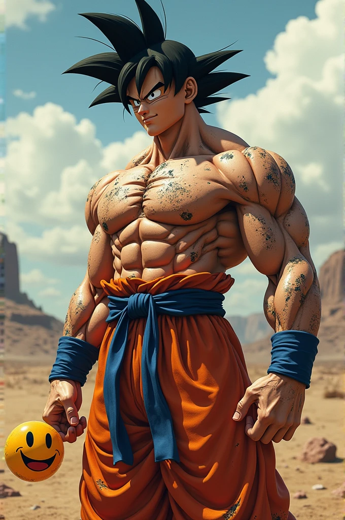 Goku standing with damaged body and holding smiley face mask on his face