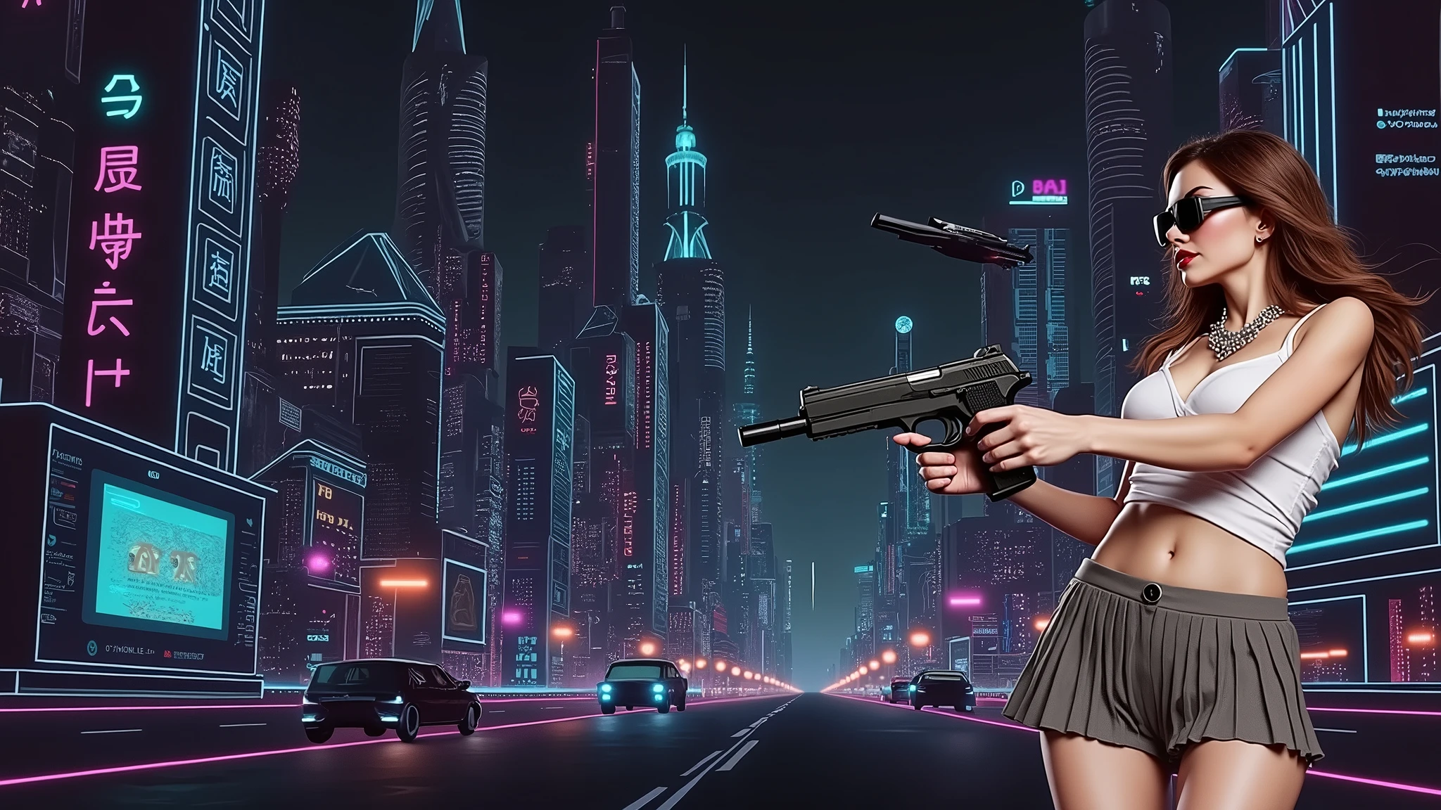 Futuristic cityscapes with colorful all-glass outlined towering skyscrapers with lightning, flying vehicle. High-resolution OLED GUI interfaces in the building, The windows are filled with transparent data visualization infographics that show it all, Egyptian fantasy arts, Egyptian statue, (Egyptian hieroglyphics). Colors are saturated and vibrant. At night, (1girl, solo, alone), photorealistic, large-breast slim:0.6 body, oval:0.5 face, cleavage:1.1, very low angle view of pleated miniskirt, deep-v, (upskirt), glove, (Matrix style black micro sunglasses), (aiming viewer with a short gun), dynamic running pose, (half-body thigh level close-up shot), cinematic lighting, ray tracing, motion blur background.