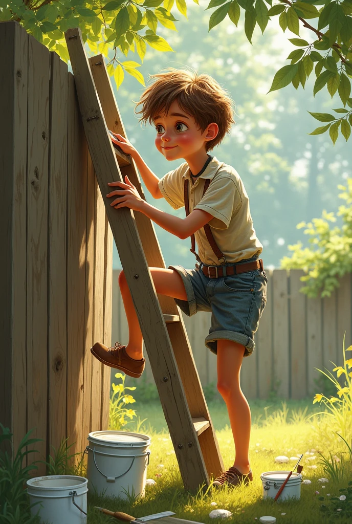 Scene Description:

Characters: Tom Sawyer, around , with a mischievous expression, wearing a worn shirt and shorts. His hair is light and tousled. He has a paintbrush in his hand, with buckets of white paint and brushes scattered around him.
Spatial Positioning: Tom is standing on a ladder leaning against a fence. He is holding onto the ladder with one hand while using the other to carefully apply paint to the fence.
Objects: A wooden fence that Tom is painting. Buckets of paint and brushes are scattered on the ground nearby.
Atmosphere: A bright, sunny summer morning. There is a sense of carefreeness and lightness in the air, with possibly sparkling sunlight filtering through the tree leaves in the background.