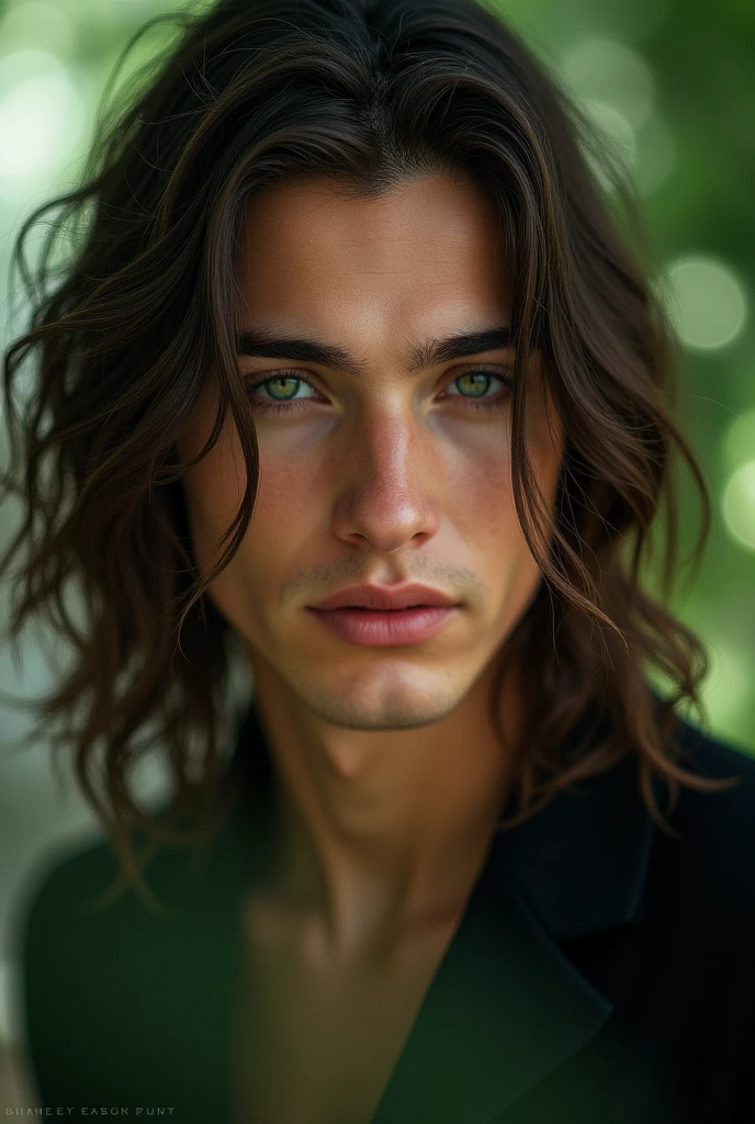 A beautiful young man , green eyes,long hair , 2,Low Angle