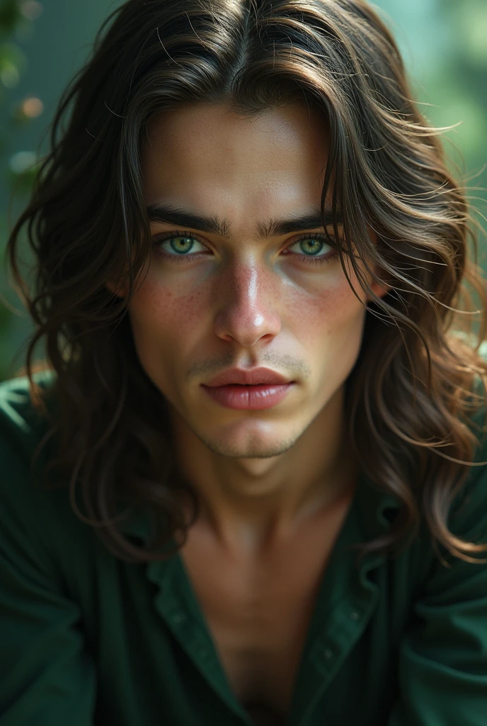 A beautiful young man , green eyes,long hair , 2,Low Angle