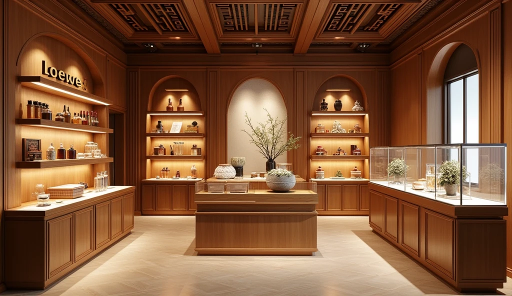 "Zuijiangyue" architectural store design,Mainly new Chinese wooden style,Makeup product store,There is a fragrance art exhibition area,Cut space layout in half,On the left, the Bogu shelf is used as a multifunctional cosmetic wine barrel box product display,On the right is a wooden wine barrel.,The transparent glass cabinet in the middle of the wine barrel slice perfume product display is used to display perfume raw materials,Sandalwood、agilawood、Camphor、Musk、Tangerine peel、Traditional Chinese spices and medicinal materials such as mugwort are placed in the back of the store with new Chinese-style tables and chairs,Set up a fragrance art experience area,Immersive viewing/Experience the traditional incense culture based on the internal composition,Design the exterior of the store,Give a complete picture with perspective,The name of the store Loewe and "Drunk River Moon"