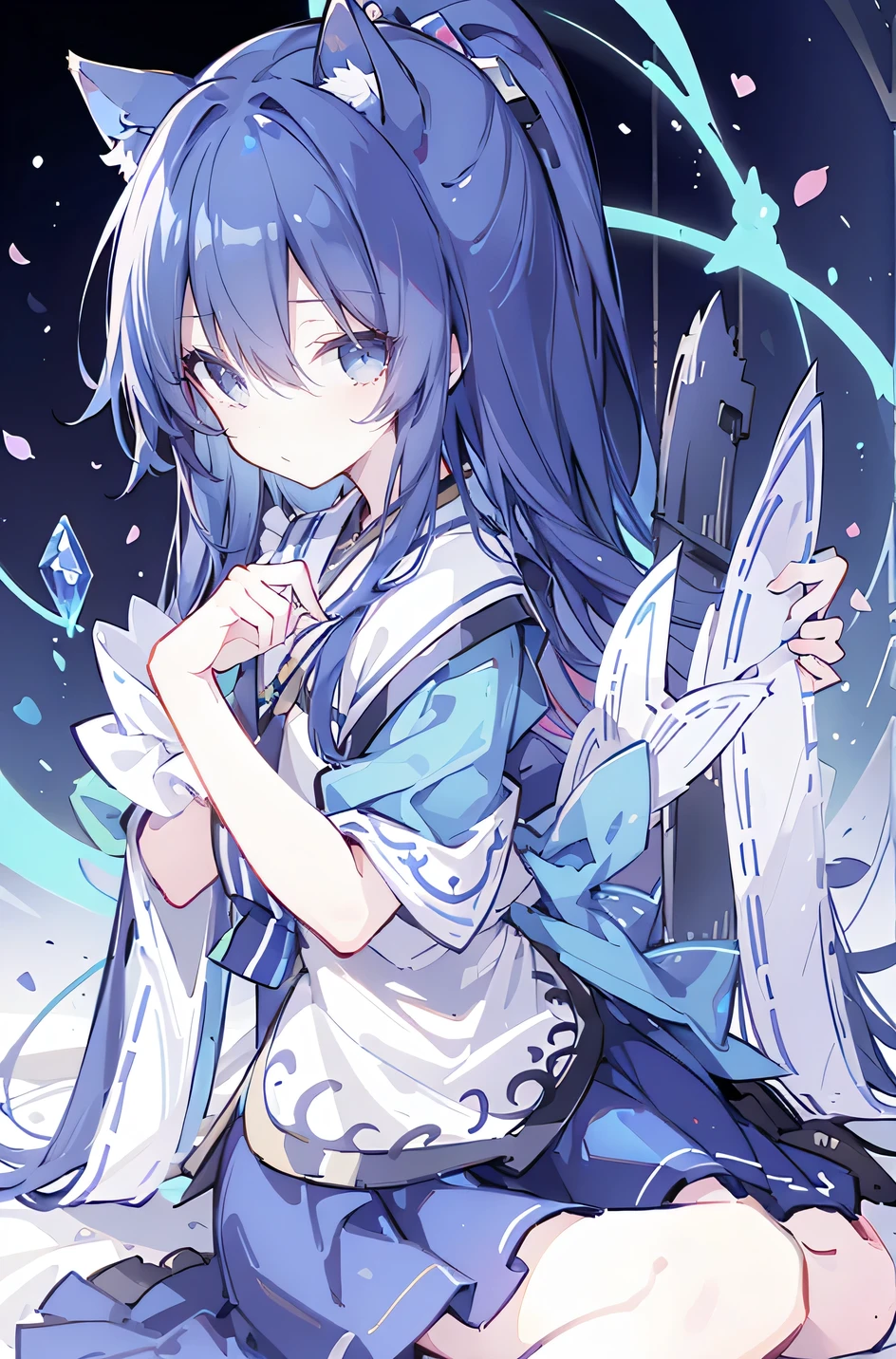 (Masterpiece:1.2),Ultra-detailed,lifelike,The eyes are expressive,Fair skin,Perfect face shape,1 girl,Japanese Manga,Gorgeous blue hair,Flowing blue hair,Flowing clothes,Cat ears,Petals falling,Shy face,sitting on window,Place your hand on your lips,masterpiece, absurdres, novel cover, cover illustration, 1girl, solo, dark blue-haired ponytail, mage robes, flower background, clock background, monochrome, line drawing