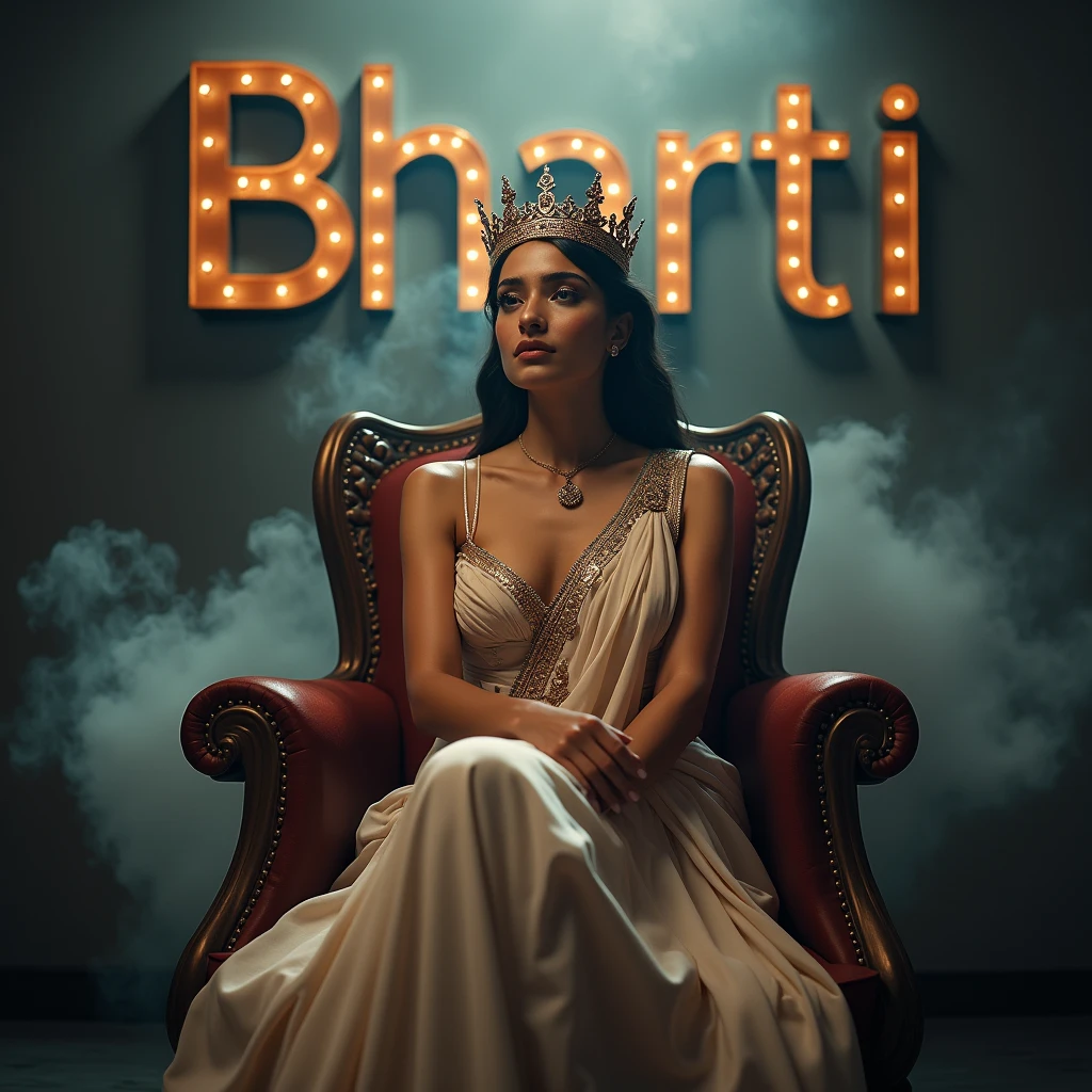 Create a realistic image where a woman wearing luxury normal dress and sitting on king size chair with crown 👑, she's crossed her hands, there is smoke in background a shadow. In background the name "Bharti" in big and bold letters is showing in bold reflection in shadows