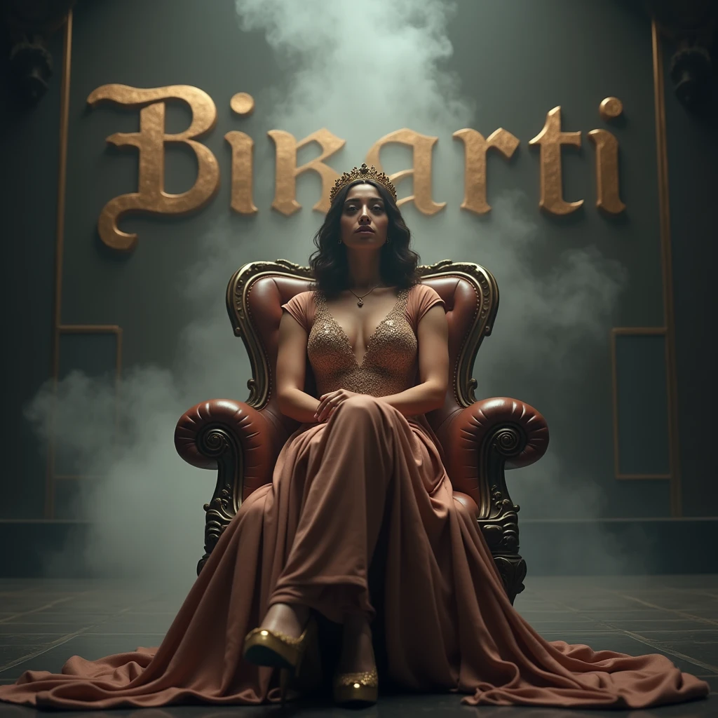 Create a realistic image where a woman wearing  luxury normal dress  and sitting on king size chair with crown 👑, she's crossed her hands, there is smoke in background a shadow. In background the name "Bharti" in big and bold letters is showing in bold reflection in shadows