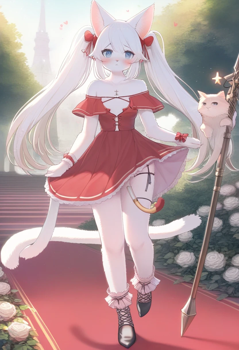 ((Masterpiece)), ((Best Quality)), (Very Detailed), ((Very Detailed)), 4K, (8K), very aesthetic, absurdres highres, 1 woman, (anthropomorphic cat, furry, kemono:1.5), solo, boots, twintails, knee boots, long hair, looking at viewer, weapon, heart, full body, jewelry, standing, polearm, bow, dress, blush, earrings, holding, bare shoulders, white hair, black footwear, holding weapon, standing on one leg, hair bow, frills, heart earrings, holding polearm, breasts, grey eyes, pink bow, parted lips, spear, skirt, very long hair, off shoulder, blue eyes, indoors, red bow, hand up, wrist cuffs, water, brooch, lace-up boots, cross-laced footwear, flower, pink footwear, red carpet, red footwear, red skirt, short dress, small breasts, strappy heels, tree, explicit, masterpiece, best quality, very aesthetic, absurdres